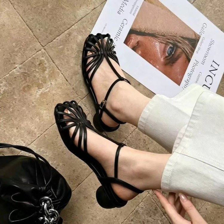 French Vintage Fashion - Sandalias de tacón bajo estilo romano
