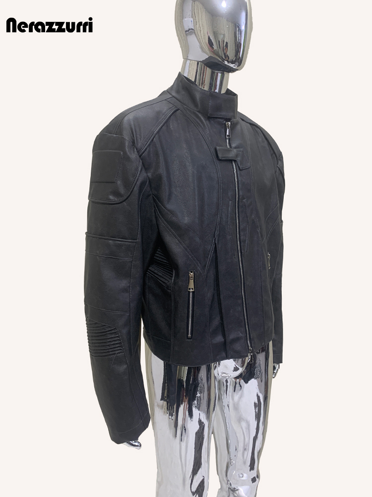 Vintage Fashion Runway - Chaqueta de Cuero PU Negra Desgastada