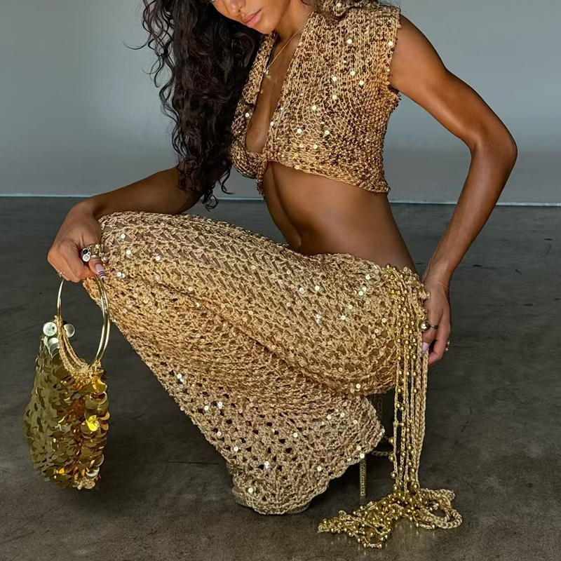 V Vintage Fashion - Conjunto de fiesta con lentejuelas para